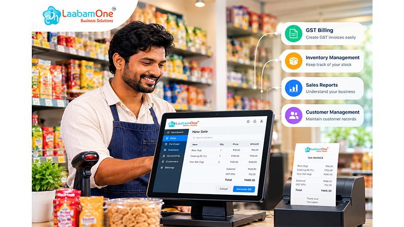 LaabamOne billing software for retail shops with GST billing, inventory management, sales reports and customer management.